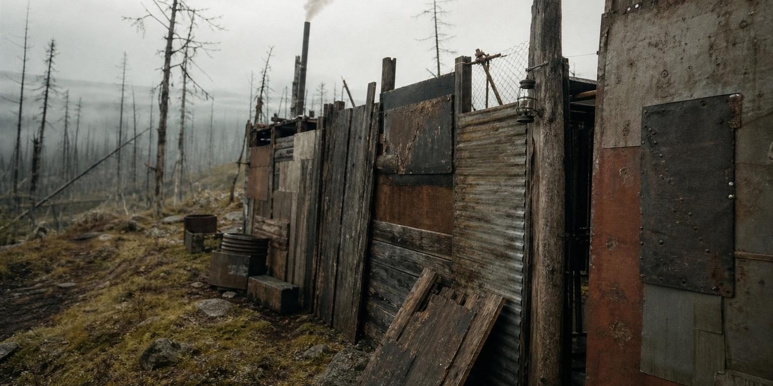 Грубая стена убежища из склёпанного металлолома и старых досок на краю туманного мёртвого леса; за ней поднимается тонкий дым — чей-то отвоёванный угол мира