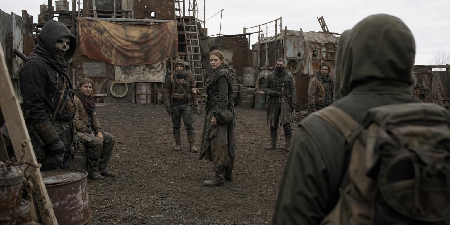 Выжившие из фракции пустоши холодно и оценивающе смотрят на новичка через двор поселения — момент, когда становишься своим для одних и чужим для других