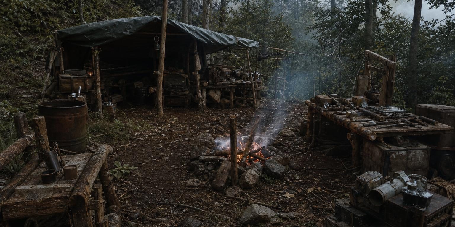 Самодельный лагерь на лесной поляне дикого острова — навес и дымящий костёр, разложенные инструменты, вокруг неразведанный лес уходит в туман