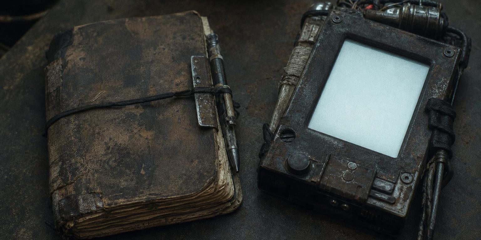 Потёртый блокнот и тускло светящееся устройство рядом на столе — целый мир между написанным словом и экраном