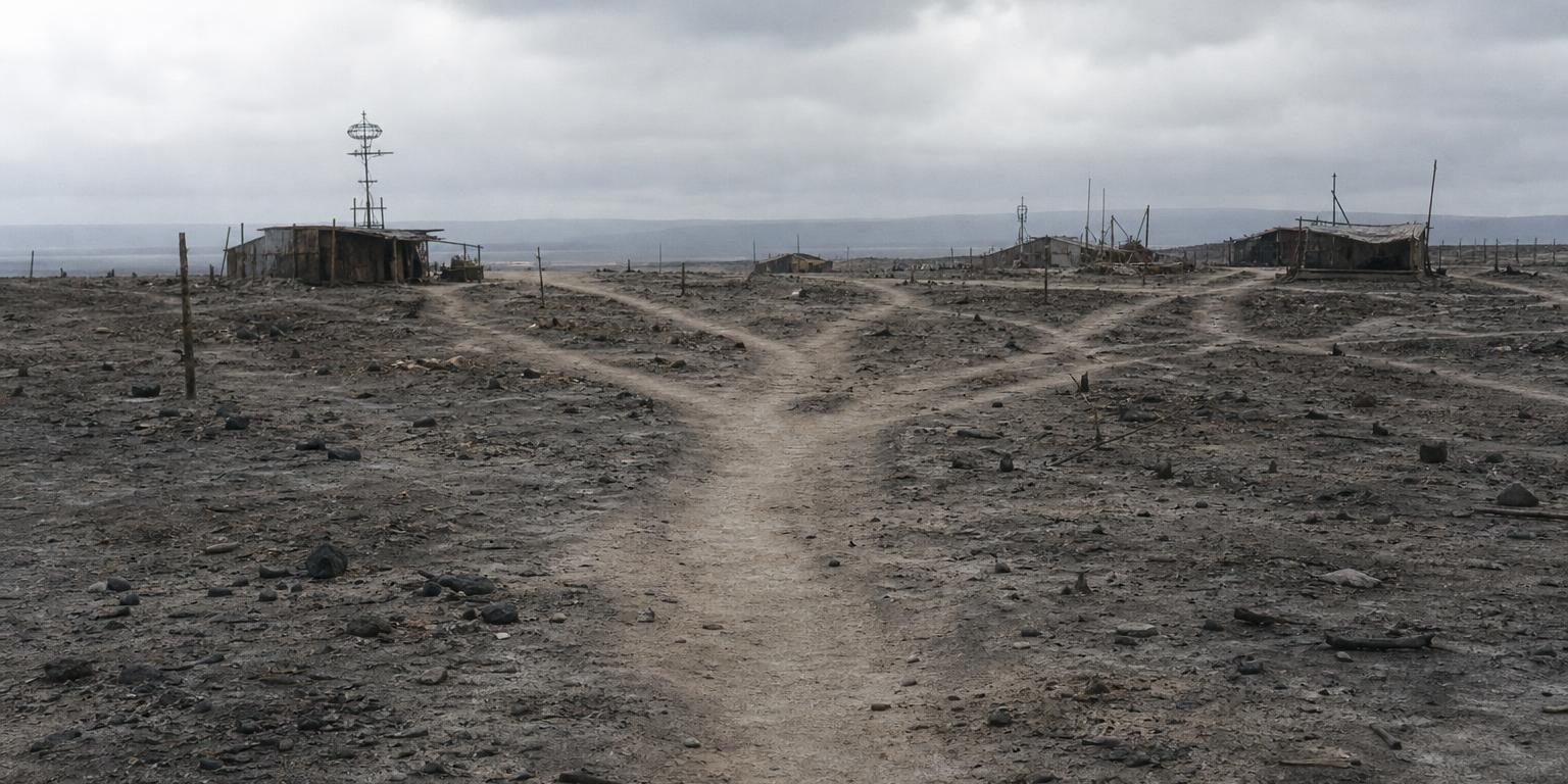 Тропа, протоптанная по серому пеплу множеством ног, расходится к нескольким самодельным укрытиям на горизонте